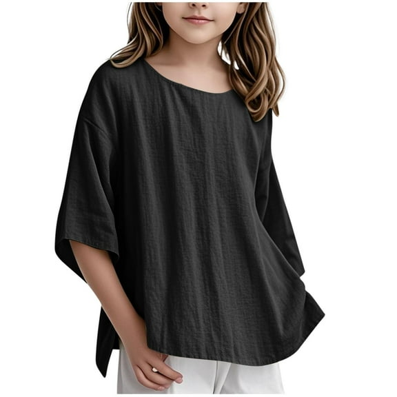 Mwjwdo Women Linen T Shirt Casual 3/4 Batwing Sleeve Blouses Solid Color Sun Shirt Loose Pullover Tunic Top Black 3 Years
