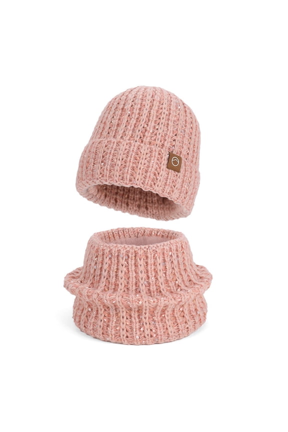 Speckled Knit Matching 2-Piece Set Cuffed Beanie Thick Neck Cuff Loose Slouch Fit for Indoor Lounging Pink