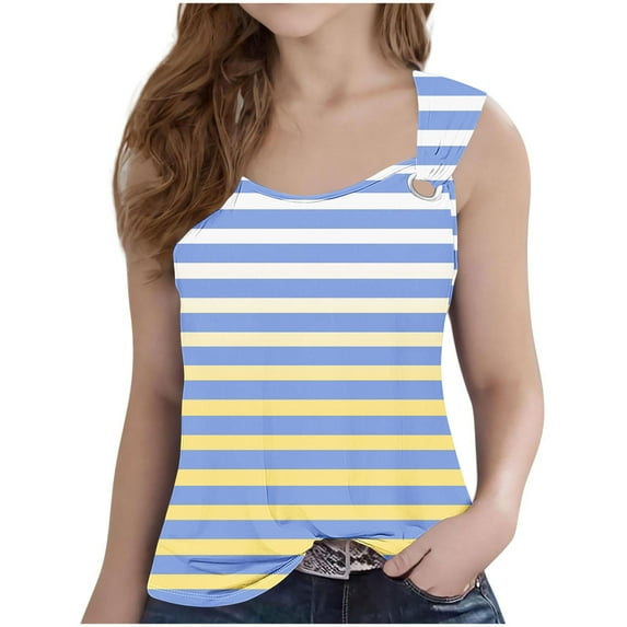 Mwjwdo Striped Tank Top for Girls Trendy V Neck Sleeveless Shirts Flowy Holiday Beach Summer Blouses 5-14 Years Children's Casual Loose Fit Basic Tees Light Blue 140