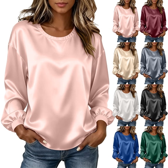 Mwjwdo Summer Blouse for Women Long Sleeve Pullover Loose Fit Crew Neck Versatile Elegant Ladies Satin Shirts Pink L