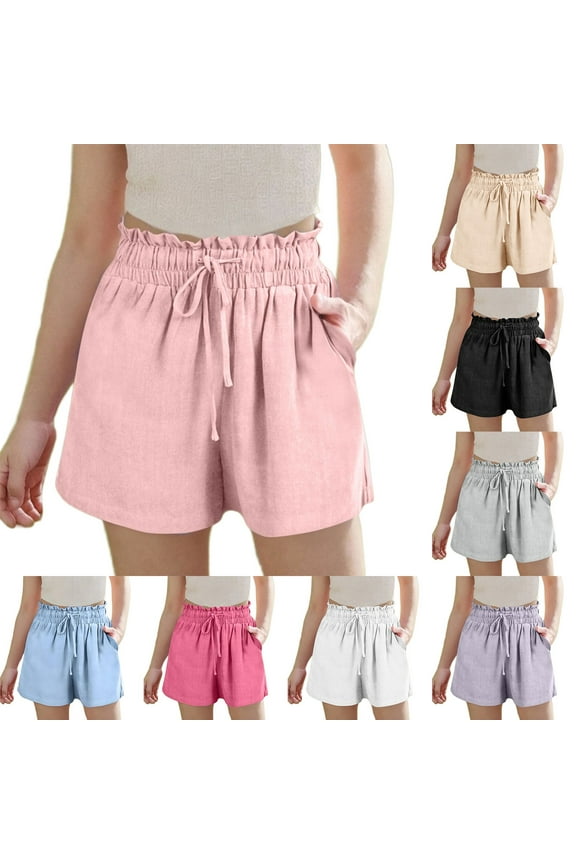Summer Shorts for Girls Casual Drawstring Wide Leg Short Pants Comfy Cotton Linen Plain Summer Trousers with Pockets Hot Pink 7 Years