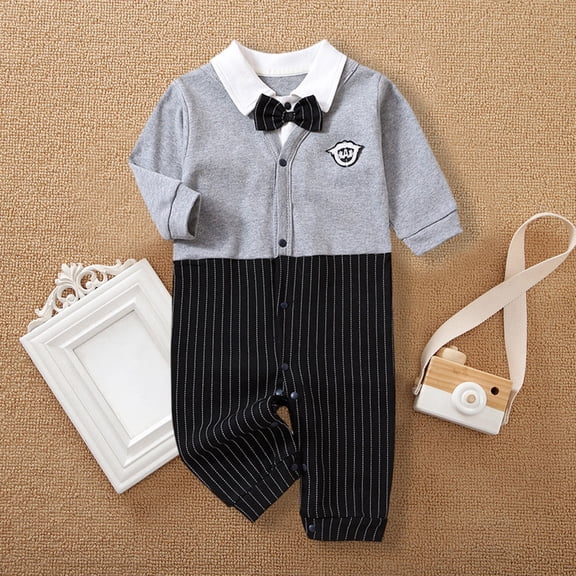 Mwjwdo Toddler Baby Girl Boy Jumpsuit British Style Gentleman's Button Down Lapel Suit Shirt Romper Bodysuit Infant Clothes