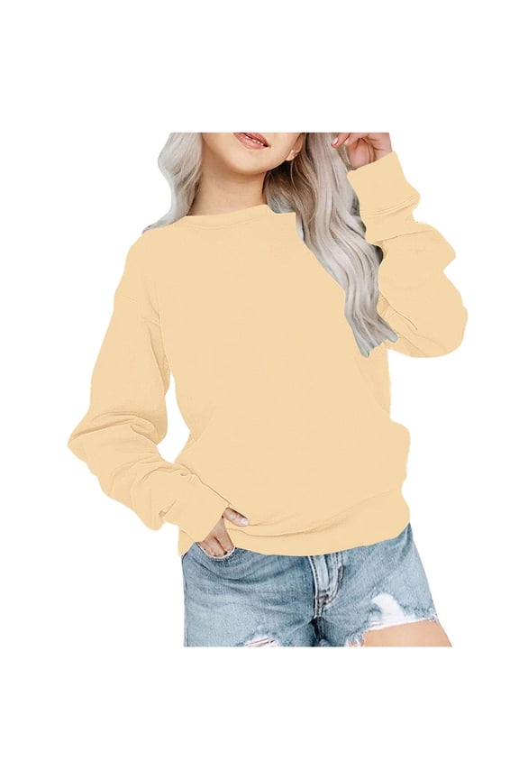 Toddler Girls Crewneck Sweatshirt Drop Shoulder Long Sleeve Fleece Pullover Tops Solid Color Warm Sweatshirt Beige 9 Years