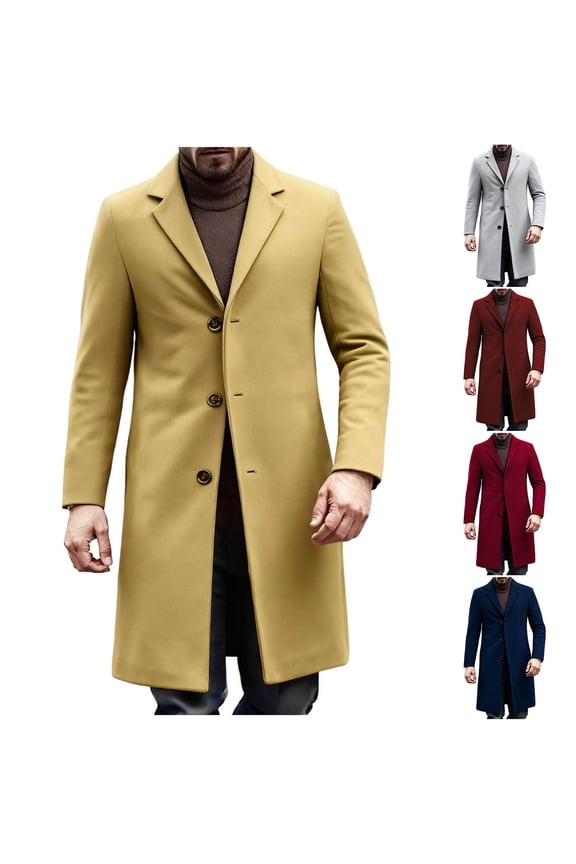 Trench Coat Men Wool Blend Pea Coat Notched Collar Single Breasted Overcoat Business Casual Winter Jacket with Pockets Red M