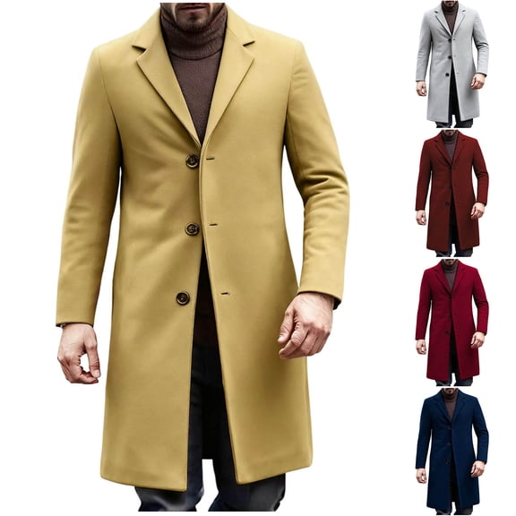 Mwjwdo Trench Coat Men Wool Blend Pea Coat Notched Collar Single Breasted Overcoat Business Casual Winter Jacket with Pockets Wine XS