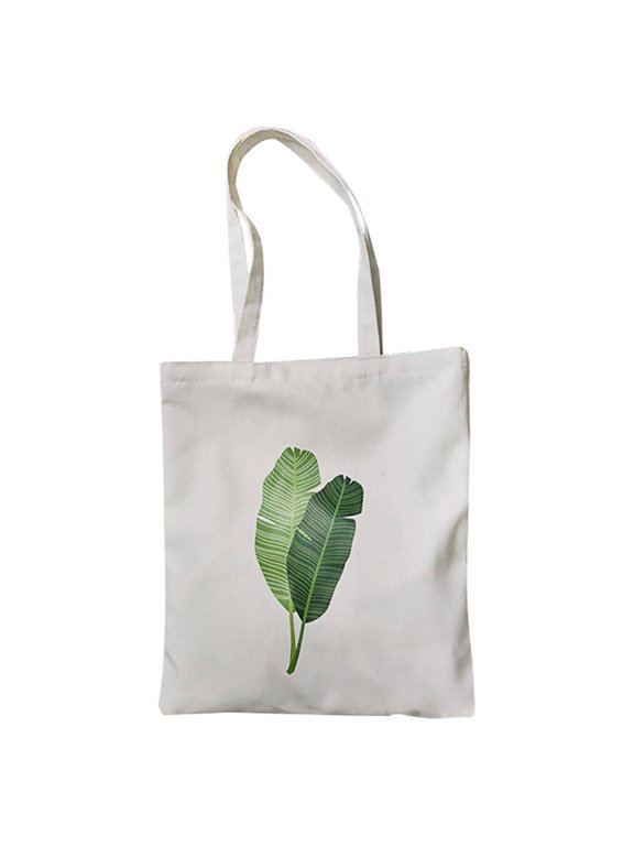 Tropical Banana Leaf Print Canvas Tote Bag, Solid Color Large Capacity Casual Single Shoulder Shopping Handbag for Student Daily Errands White