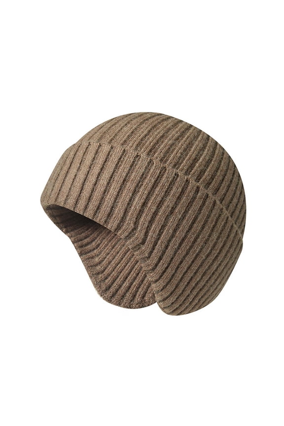 Unisex Diagonal Rib Cuffless Ear-Cover Knit Hat Mini Front Brim for Daily Office Errands Brown