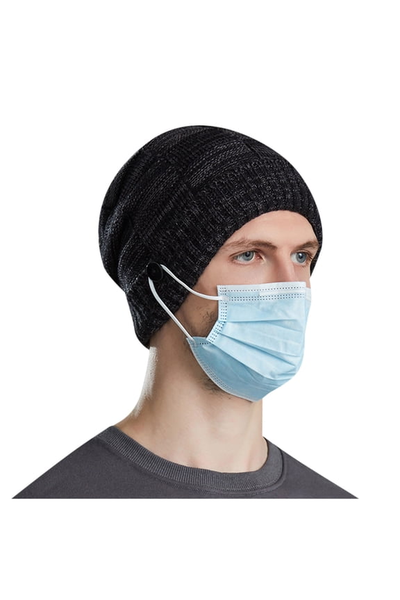 Unisex Grid Textured Oversized Slouch Knit Hat Side Mask Button Fleece-Lined Interior for Holiday Market Visits Black