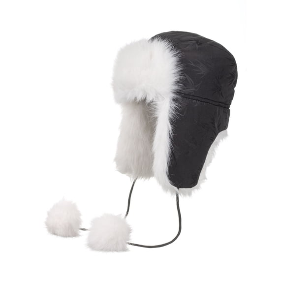 Mwjwdo Unisex Plush Ear-Flap Trapper Hat Leaf Emboss Twin Ball Cord Fastener for Market Outings Black