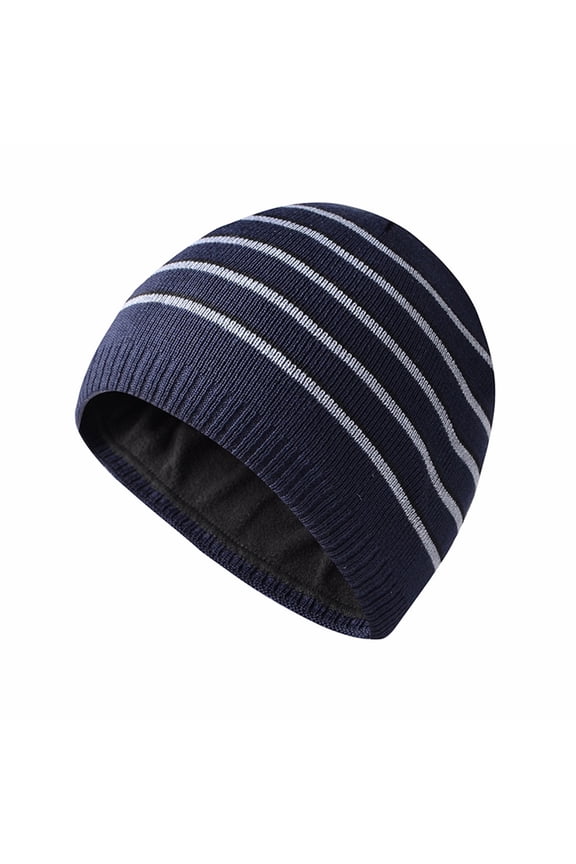 Unisex Slim Skull Cap Horizontal-Stripe Fleece-Lined Curved Cuff for Morning Jogging Blue