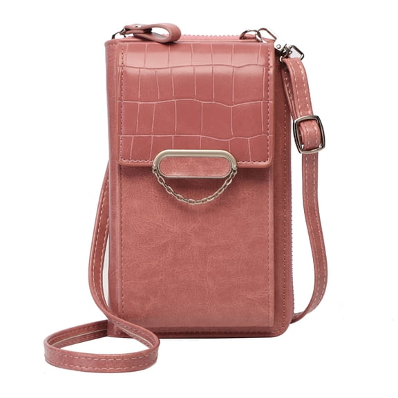 Mwjwdo Vertical Crocodile PU Phone Crossbody Bag, Multi-Card Slots Large Capacity Multi-Functional Wallet Shoulder Purse for Women Daily Essentials Pink
