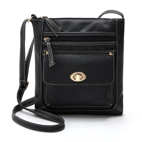 Mwjwdo Vintage Contrast Stitch PU Vertical Crossbody Bag, Turn Lock Multi-Pocket Adjustable Strap Small Shoulder Purse for Women Daily Casual Shopping Black