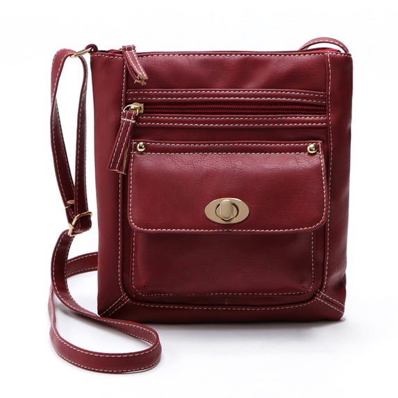 Mwjwdo Vintage Contrast Stitch PU Vertical Crossbody Bag, Turn Lock Multi-Pocket Adjustable Strap Small Shoulder Purse for Women Daily Casual Shopping Red