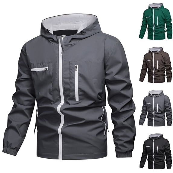 Mwjwdo Waterproof Rain Jackets for Men Fashion Lightweight Hooded Long Sleeve Coats with Pockets Hiking Golf Fishing Coffee L