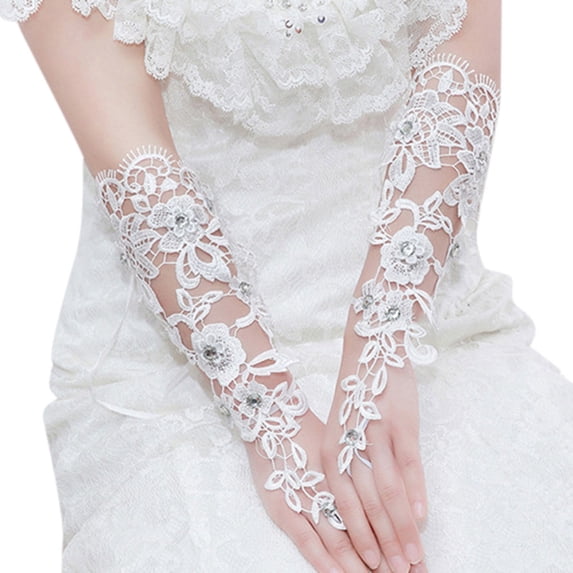 Mwjwdo Wedding Lace Fingerless Gloves Rhinestone Floral Cutout Adjustable Strap For Bridal Ceremonies White