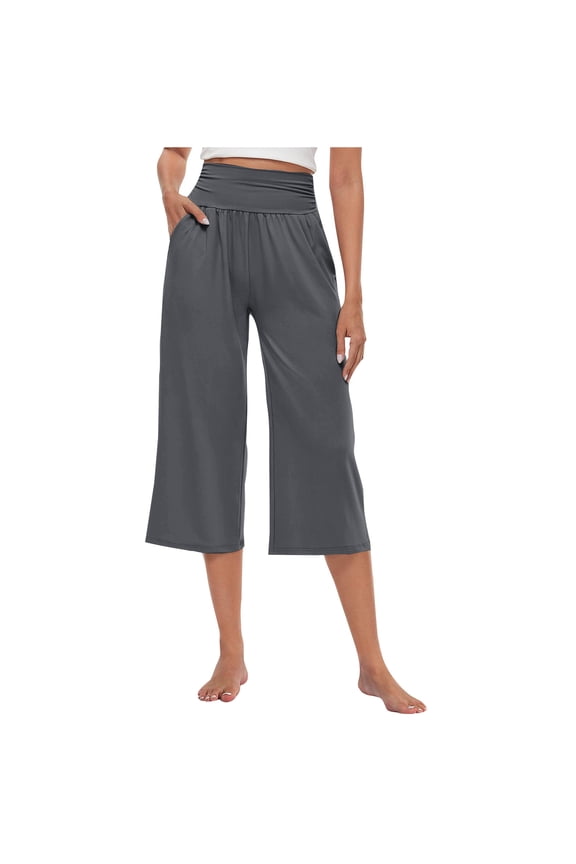 Wide Leg Cropped Pants for Women Capris Drawstring Culottes with Pockets 2026 Summer Gaucho Palazzo Yoga Pants Dark Gray S