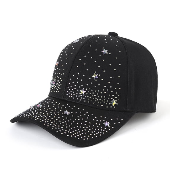 Mwjwdo Women’s All Over Rhinestone Star Baseball Cap with Curved Oversized Brim for City Shopping Black