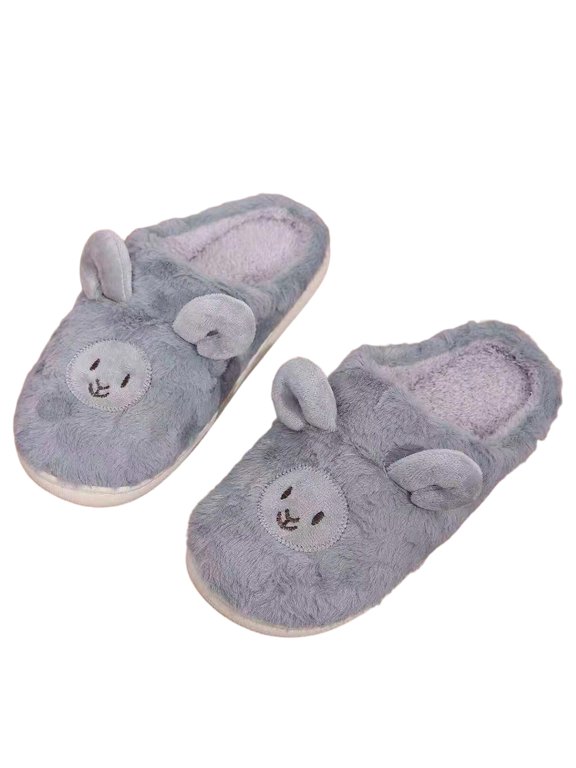 Women's Cartoon Lamb Closed Back House Slippers, Cozy Fuzzy Plush Slippers, Cute Animal Design Indoor Slippers for All Season Wear Gray 36-37