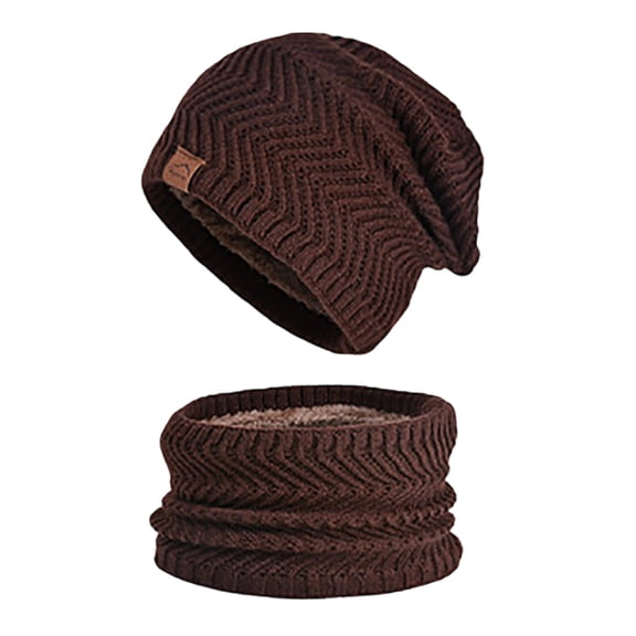 Mwjwdo Women’s Chevron Fleece-Lined Knit Beanie Neck Gaiter 2-Piece Set for Suburb Day Trips Brown