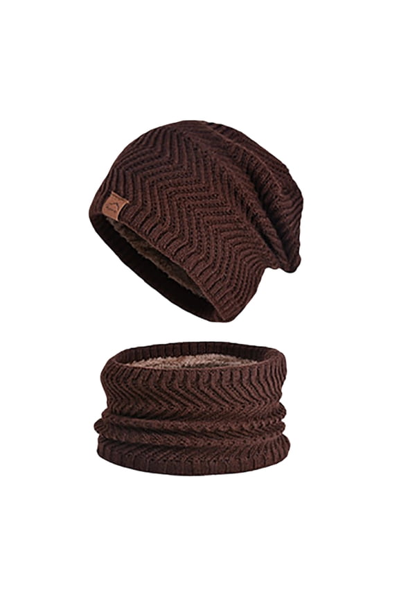 Women’s Chevron Fleece-Lined Knit Beanie Neck Gaiter 2-Piece Set for Suburb Day Trips Brown