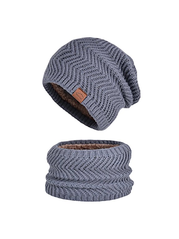 Women’s Chevron Fleece-Lined Knit Beanie Neck Gaiter 2-Piece Set for Suburb Day Trips Gray