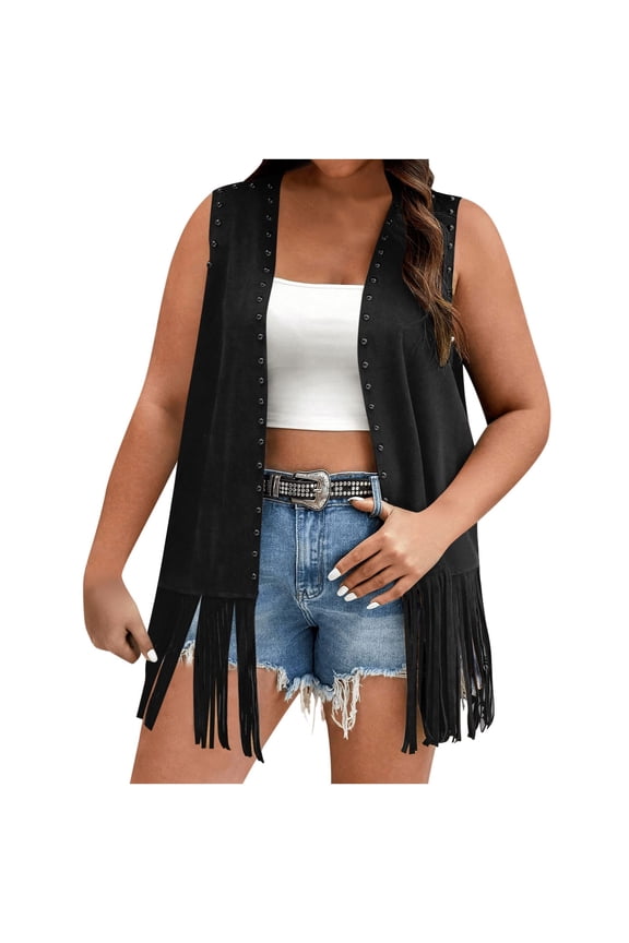 Women's Collarless Open Front Long Faux Suede Blazer, All-Over Rivet Edge Long Fringe, Vintage 70S Outer for Music Festivals Black M