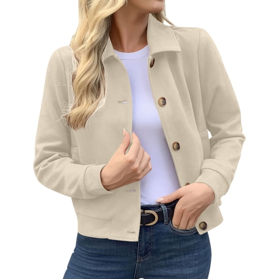 Mwjwdo Women’s Cropped Collared Knit Jacket, Vintage Accent Buttons, Ribbed Cuffed Sleeves, Straight‑Hem Open‑Front Outerwear Beige M