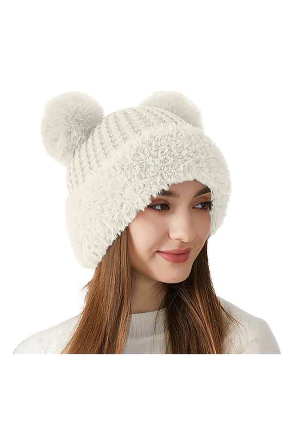 Women’s Cuffed Warm Beanie Dual Side Pom Fluff-Lined Stretch Fit for City Walks White