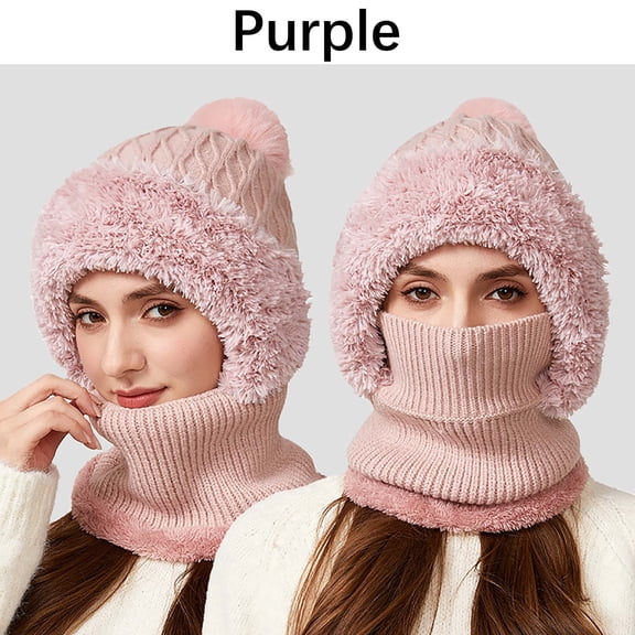 Mwjwdo Women’s Diamond Cable Plush Ear-Wrap Hooded Scarf Single Top Pom Accent for Holiday Market Visits Pink
