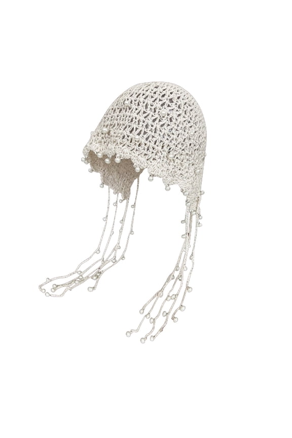 Women’s Draped Pearl Tassel Hollow Wrap Party Turban with Irregular Wavy Edge for Holiday Events Beige