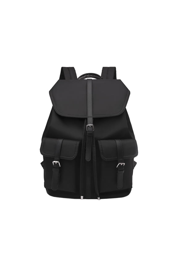 Women's Drawstring Flap PU Backpack, Multi-Buckle Casual Lightweight Book Bag for Student Daily Campus Short Trip Black