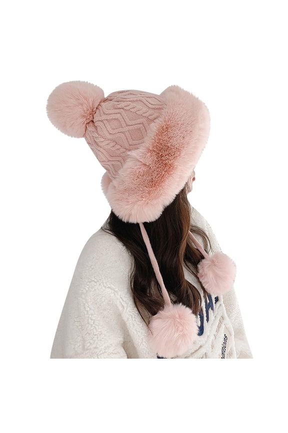 Women’s Ear Knit Hat Diamond Jacquard Triple Pom Fluff Trim Self-Tie Drawcords for Town Walks Pink