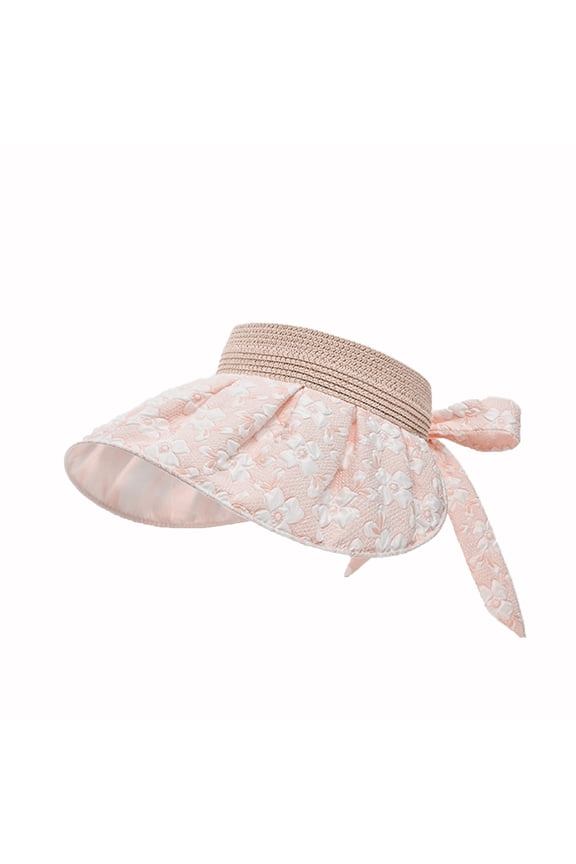 Women’s Embossed Floral Rear Bow Woven Sun Visor with Ruched Wide Head Band for Lawn Picnics Pink
