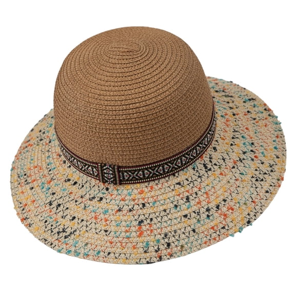 Mwjwdo Women’s Ethnic Geometric Woven Band Mixed Speckle Wide Brim Vacation Straw Hat with Loose Dome Fit for Lawn Picnics Beige