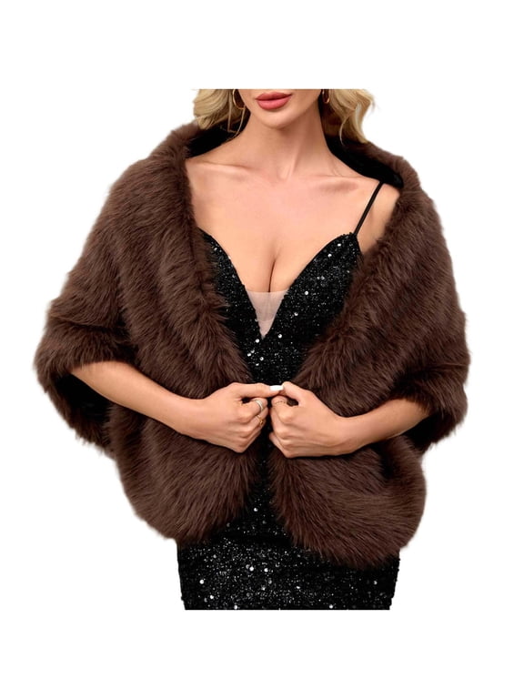 Women’s Faux Fur Solid Long Wrap Cozy Plush Lined Fabric Soft Fluffy Touch For Holiday Parties Brown