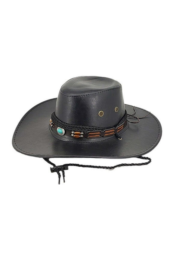 Women’s Faux Leather Cowboy Hat with Turquoise Bead Rope Band & Lockable Rear Cord for Rural Rides Black