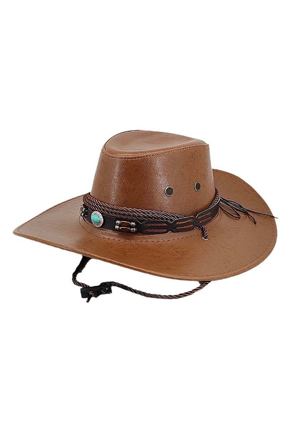 Women’s Faux Leather Cowboy Hat with Turquoise Bead Rope Band & Lockable Rear Cord for Rural Rides Yellow