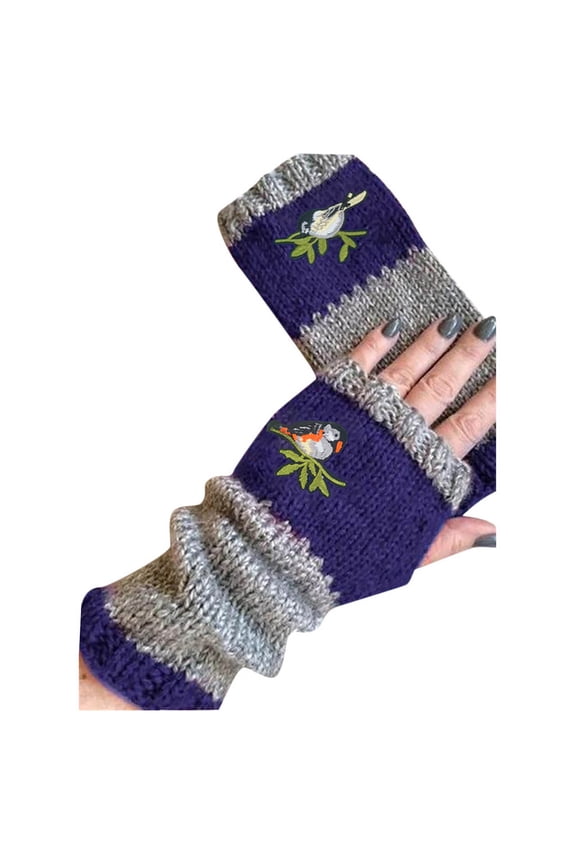 Women’s Fingerless Knit Warmers Contrast Horizontal Stripe Bird Embroidery Ruched Double Rib Cuff For Outdoor Picnics Blue