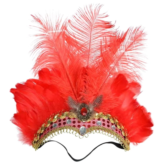 Mwjwdo Women’s Flapper Party Headband with Long Feather Rhinestone & Elastic Hair Wrap for Theme Balls Red