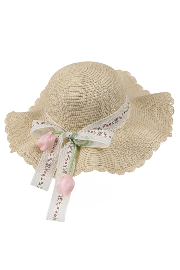 Women’s Floral Lace Streamer Tulip 3D Floral Wavy Wide Brim Vacation Straw Hat with Hollow Woven Cut for Lawn Picnics Beige