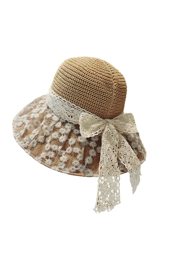 Women’s Floral Patch Lace Bow Wide Brim Sun Bucket Cap with Multi Layer Brim Tailoring for Garden Walks Yellow