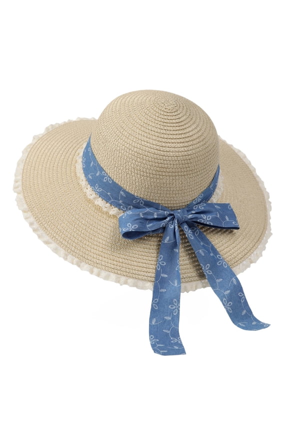 Women’s Floral Print Lace Streamer Oversized Brim Vacation Sun Straw Hat with Frayed Ruffle Edge for Beach Relaxation Beige
