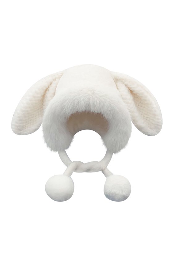 Women’s Fluff-Trim Trapper Hat 3D Dual-Ear Pom Drawstring Adjustable Neck Ties for Forest Hikes White