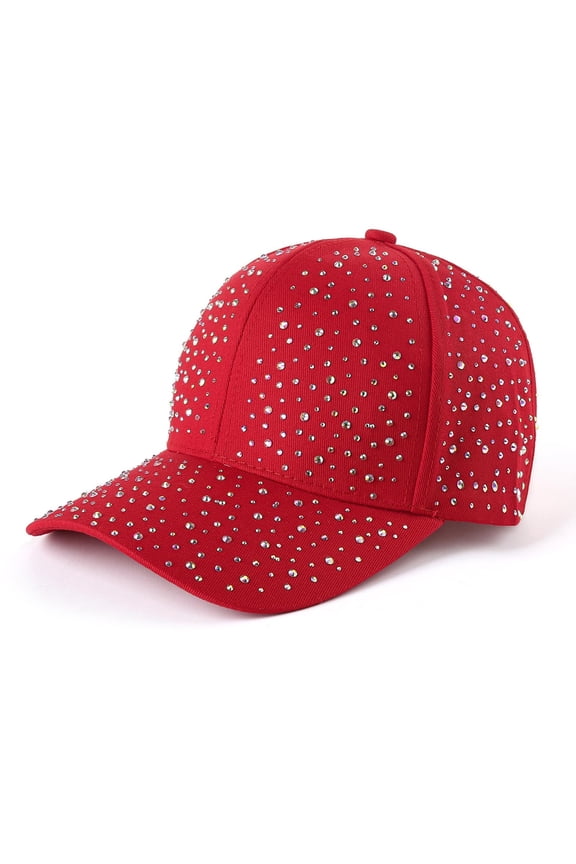 Women’s Full Tiny Rhinestone Solid Baseball Cap with Six Panel Crown for Afternoon Dates Red