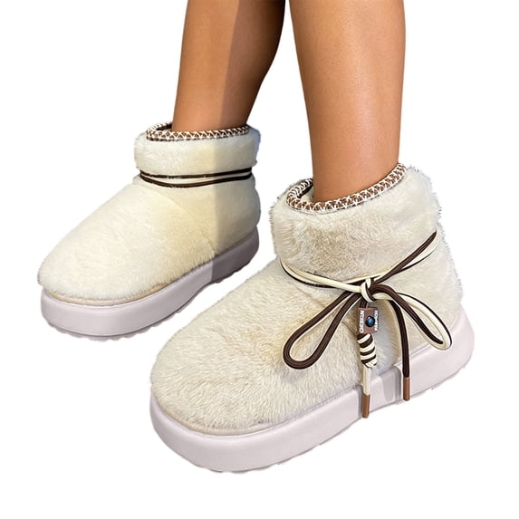 Mwjwdo Women's Fuzzy Ankle Boots, Plush Winter Bootie Slippers with Drawstring, Warm Faux Fur Lined Platform Boots for Indoor Outdoor Beige 36