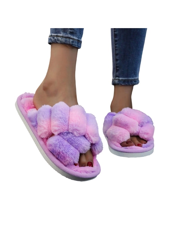 Women's Fuzzy Open Toe Slippers, Tie Dye Plush Bubble Slides, Cozy Fluffy House Slippers with Anti‑Skid Sole for Indoor Outdoor 36