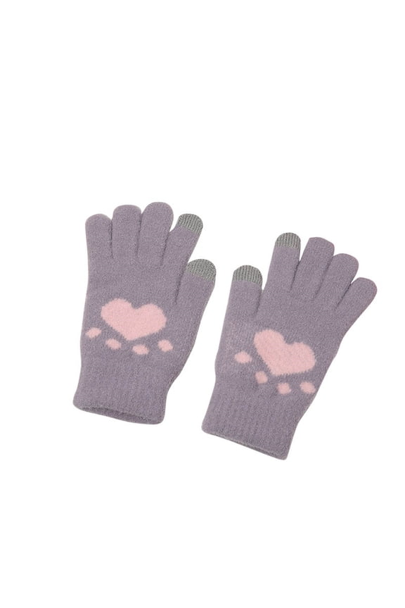 Women’s Heart-Pattern Touch-Screen Knit Gloves Ribbed Elastic Wrist Band for Mobile Use Gray