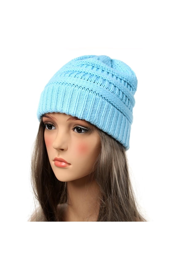 Women’s Hollow Cable Cuffed Slouch Beanie Multi-Layer Stretch Close-Fit Crown for Grocery Runs Blue
