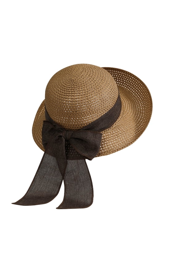 Women’s Hollow Woven Rear Streamer Bow Vacation Bucket Straw Hat with Curved Roll Brim for Coastal Walks Yellow