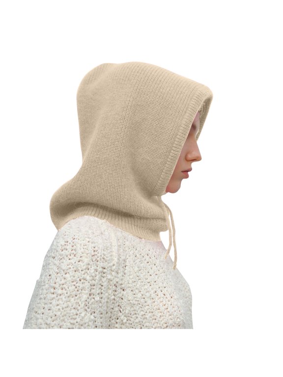 Women’s Knit Balaclava with Rib Drawstring & Stretch Full Face Wrap for Mountain Camps Beige